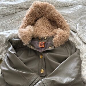 Tory Burch leather Hoodie with curly lamb lined hood.